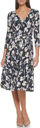 Floral Print Belted 3/4 Sleeve Midi Dress
