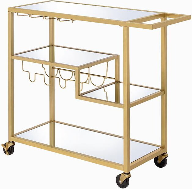 Metal Framed Serving Cart with Wine Bottle Holder and Stemware Gold and Clear - Saltoro Sherpi