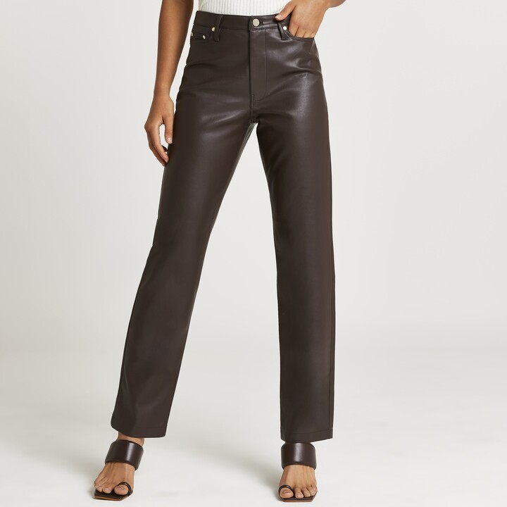 River Island Womens Brown faux leather straight leg trousers - ShopStyle