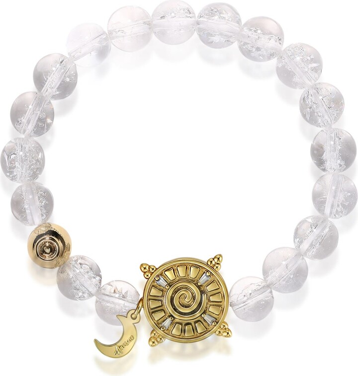 Aurozia Gold / White Three Charms Solar Meridian Gold Whitegold Plated Sundial And The Sun Crystal Rock Quartz Beaded Bracelet