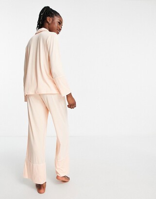 Loungeable super soft jersey camp collar top and wide leg pants pajama set  with piping detail in peach - ShopStyle