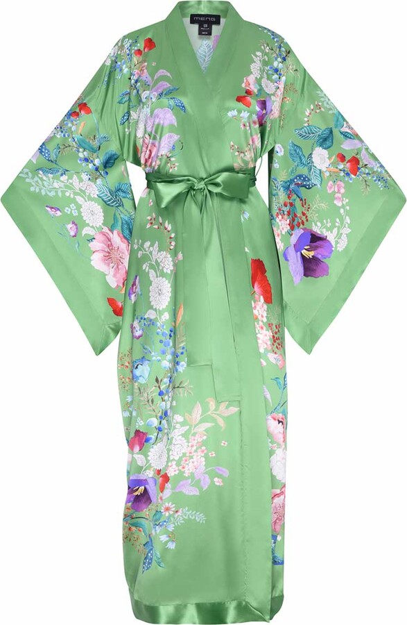 MENG Paris Green Watercolour Flowers Silk Satin Kimono