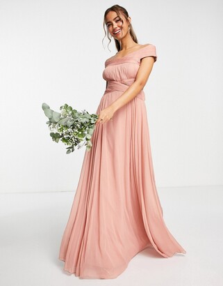 ASOS DESIGN Bridesmaid off shoulder ruched bodice maxi dress with skirt pleat detail