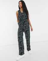 Thumbnail for your product : Monki Janelle belted sleeveless panther print jumpsuit in dark green