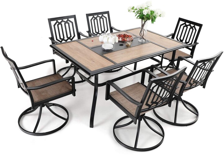 MakeYourDay 7 PCS Patio Dining Set, Large Rectangular Wood Like Top Table with 6 Textilene
