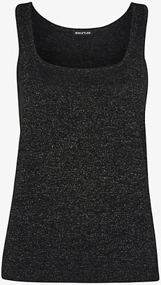 Whistles Womens Black Women's Black quare-Neck Metallic-Knit Top, ize: