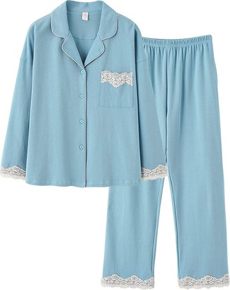 DEBAIJIA Women Pyjamas 2 Set Nightwear Sleepwear Lady Nightshirt Female  Nightgown Long Sleeve Loungewear Home Wear Cute Leisure Soft (Blue-L) -  ShopStyle