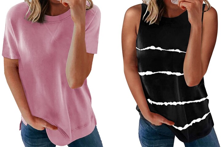 Biucly Women's Crewneck Tank Tops Casual Loose Sleeveless Blouse Shirts