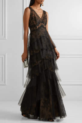 Marchesa Notte Tiered Tulle And Pointe D'esprit-paneled Lace Gown