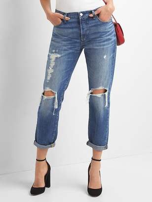Mid Rise Relaxed Boyfriend Jeans with Destruction