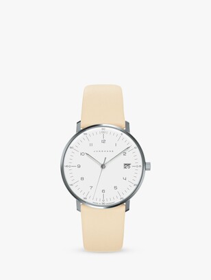 Junghans 047/4252.04 Women's Max Bill Date Leather Strap Watch, Cream/White
