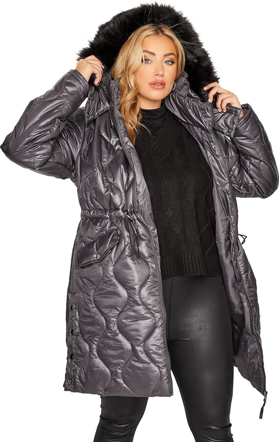 Yours Curve Quilted High Shine Puffer Coat Women's Plus Size Curve