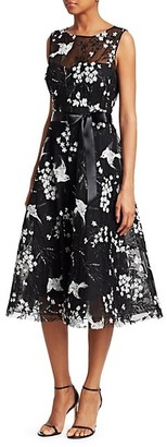 Teri Jon by Rickie Freeman Avian & Floral Beaded Tie-Waist Tulle A-Line Dress