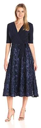 Alex Evenings T-Length Dress with Rosette Skirt and Tie Belt