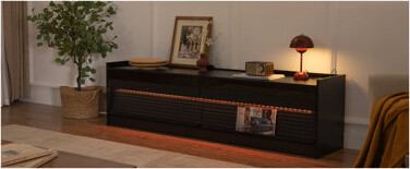 George Oliver Modern Black TV Stand with LED Lighting 4 Drawer Tempered Glass Entertainment Center with Built-in Charging Ports and Ample Storage