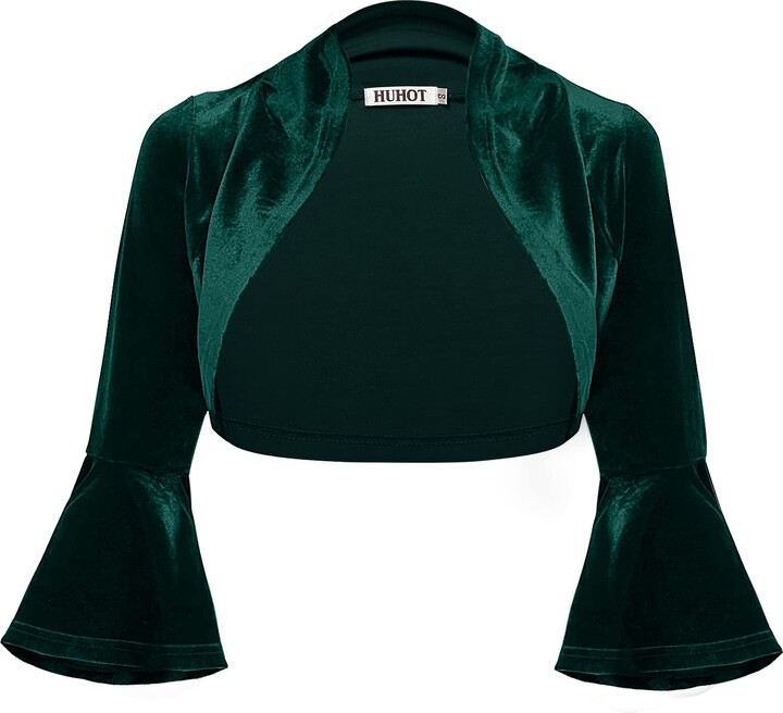 HUHOT Womens Cropped Shrugs for Evening Dresses Bell Sleeve 3/4 Sleeve