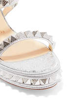 Thumbnail for your product : Christian Louboutin Pyraclou 60 Spiked Metallic Textured-leather Wedge Sandals - Silver
