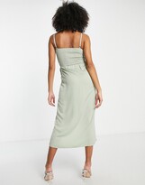 Thumbnail for your product : Little Mistress Bridesmaid satin wrap dress in sage green