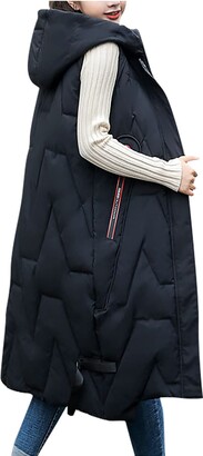 Women's Gilet Jacket Longline Hooded Quilted Gilet Vest Long Gilets Zip Up Sleeveless Warm Plus Size Solid Color Jacket Waistcoat Slim Cardigan Coat