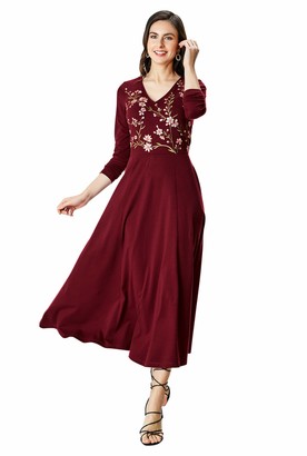 eShakti Women's Floral Embroidery Cotton Jersey A-line Dress UK Size 20W / Regular Height Vibrant Garnet Multi
