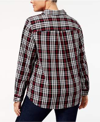 Charter Club Plus Size Cotton Jeweled Plaid Shirt, Created for Macy's