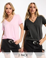Thumbnail for your product : Stradivarius v neck t-shirt 2 pack in charcoal & pink