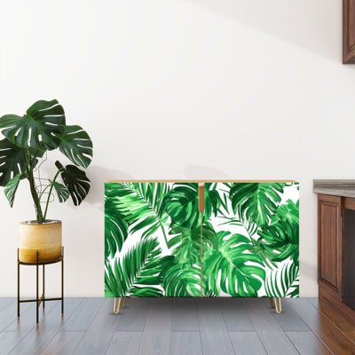 Sideboard Buffet Cabinet with Storage Monstera Palm Leaves Tropical Exotic Summer with 2 Doors for Living Room and Kitchen