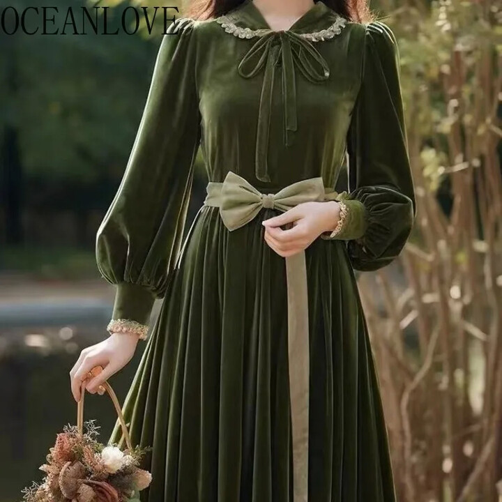 OCEANLOVE Green Velvet Long Dresses Autumn Winter French Style Retro Vestidos Mujer Fashion Elegant Lantern Sleeve Women Dress