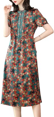E Girl E-girl Women Silk Dress Pleated A-Line Dress Printing Silk Dress Stand Collar Short Sleeve Maxi Silk Dress XXL