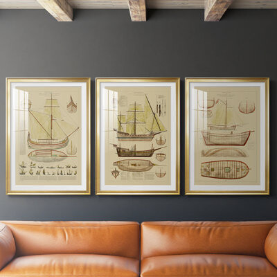 Canora Grey Antique Ship Plan I -Custom Framed Premium Print W Matt - 3 Pieces