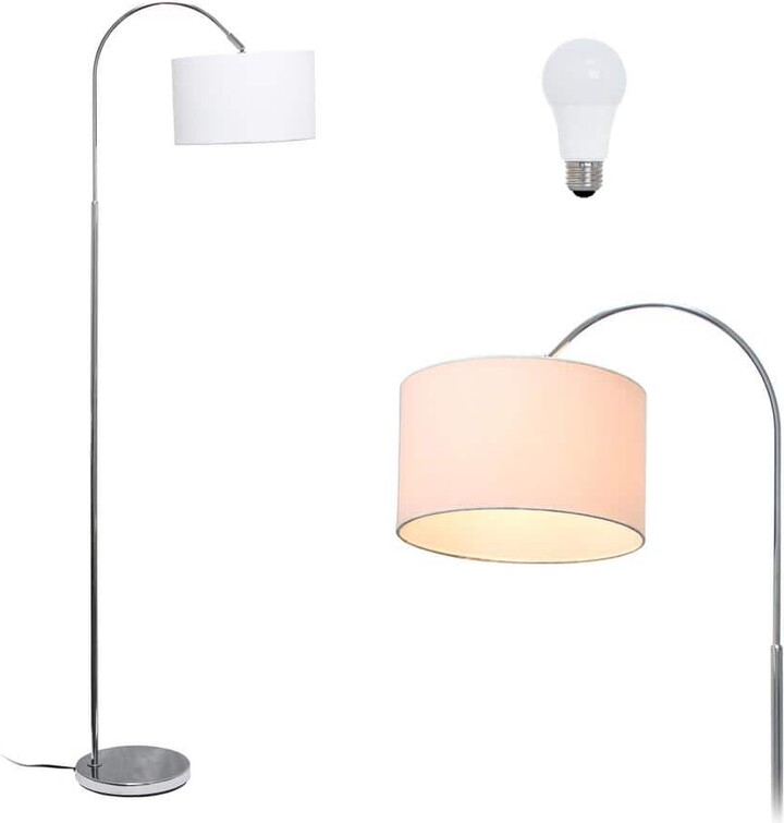 Simple Designs 66 in. Modern Brushed Nickel Arched Floor Lamp with White Shade, with LED Bulb Included