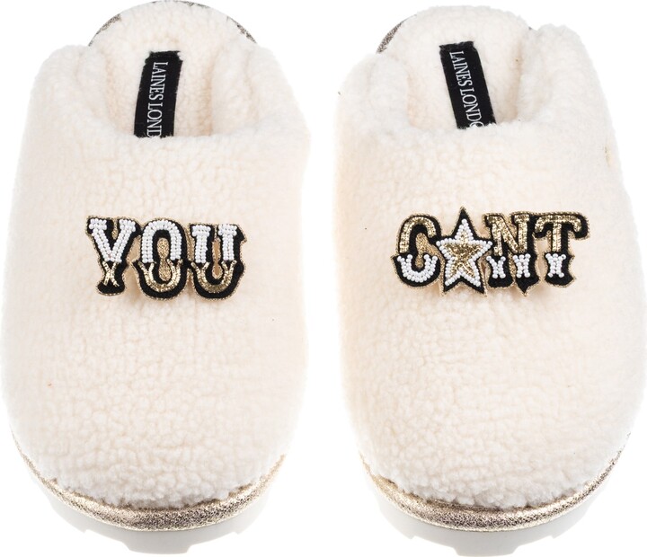 Laines London Neutrals / White Teddy Closed Toe Slippers With You Cunt Brooches - Cream