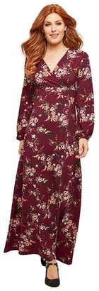Joe Browns - Dark Red Printed Jersey 'Elegant Floral' V-Neck Long Sleeve Full Length Maxi Dress