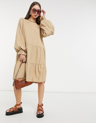 Selected smock dress with tiering and volume sleeves in beige
