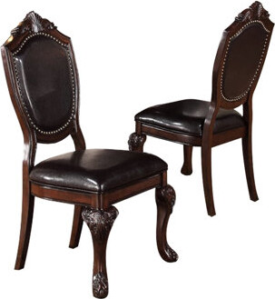 Bloomsbury Market Formal Dining Room Side Chairs, Brown Rubberwood With Faux Leather Upholstery And Intricate Artistry Configuration