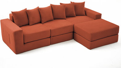 Latitude Run 10-in-1 Convertible Corduroy Sofa Sectional Corner Couch & Floor Sleeper Side Pocket No Assembly DIY L Shaped Modular Design 6 Pillows Orange