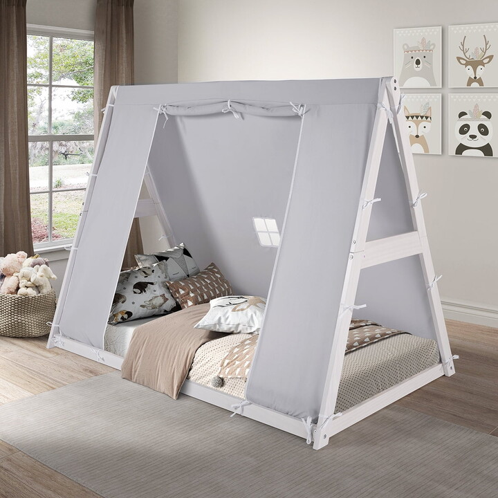P'kolino Kids Tent Floor Bed - Twin, FSC Certified Wood, Washable Tent, White/Grey