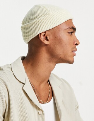 ASOS DESIGN mini fisherman beanie in cream with waffle knit detail -  ShopStyle Hats