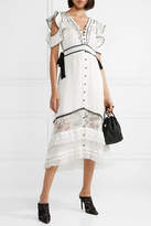 Thumbnail for your product : Self-Portrait Cutout Lace-paneled Satin Midi Dress - White