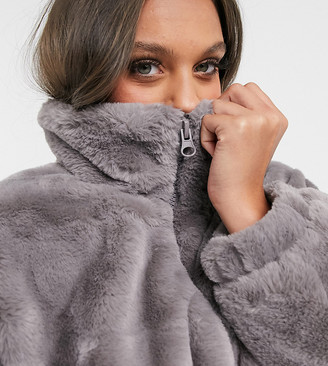 ASOS DESIGN Petite cropped faux fur jacket in grey
