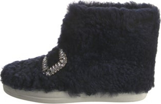 Roger Vivier Shearling Ankle Boots Blue Colorblock Pattern Round-Toes with Crystal Embellishments