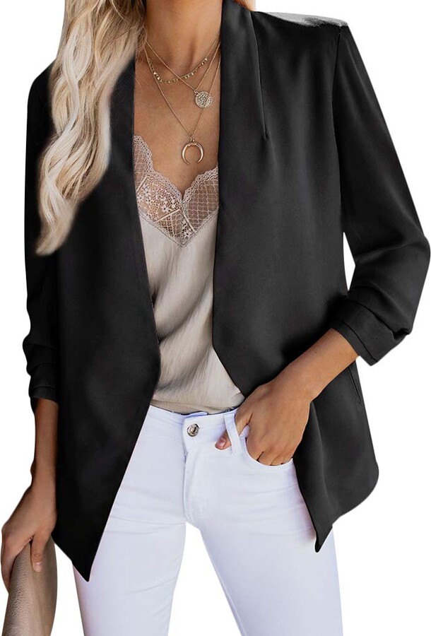 yeah2017 Women's Casual Blazer Ruched 3/4 Sleeve Open Front Cardigan