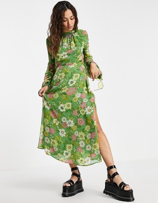 Topshop long sleeve open back midi dress in 70s retro floral - ShopStyle