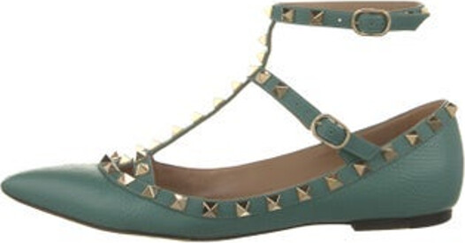 Valentino Leather Flats Green Rockstud Accents Pointed-Toes with Studded Accents Multistrap & Buckle Closure at Ankles Designer
