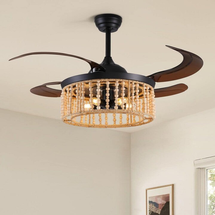 WDETR 48 in. Indoor 5-Lights Bohemian Wood Bead Lampshade Black Ceiling Fan with Light Kit and Remote Control