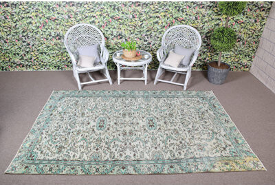 Bungalow Rose Authentic Vintage Turkish Green Wool Rug with Nomadic Design for Bohemian Bedroom Decor