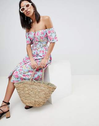 ASOS Design Off Shoulder Button Through Midi Dress In Floral Print