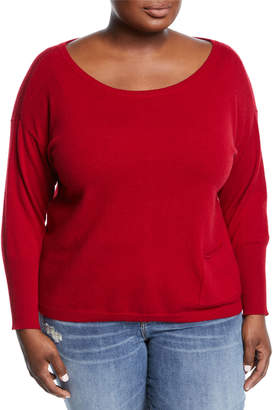 Neiman Marcus Cashmere Pompom Button-Back Sweater, Plus Size, Red