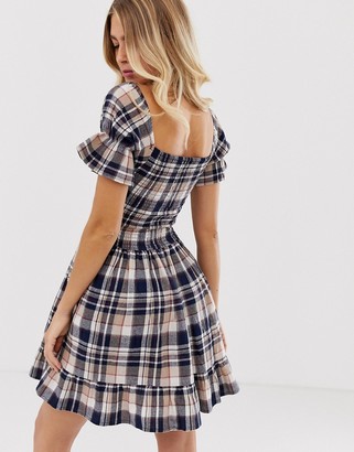Wednesday's Girl mini dress with shirring and puff sleeves in check