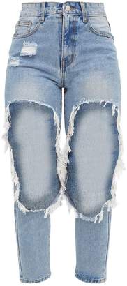 PrettyLittleThing Light Wash Extreme Open Thigh Straight Leg Jean